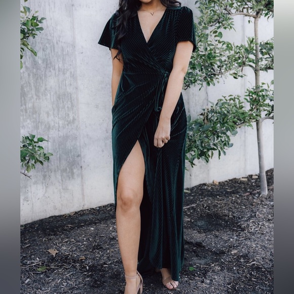 (Green/emerald) Andy Ribbed Velvet Wrap Dress - Picture 11 of 16